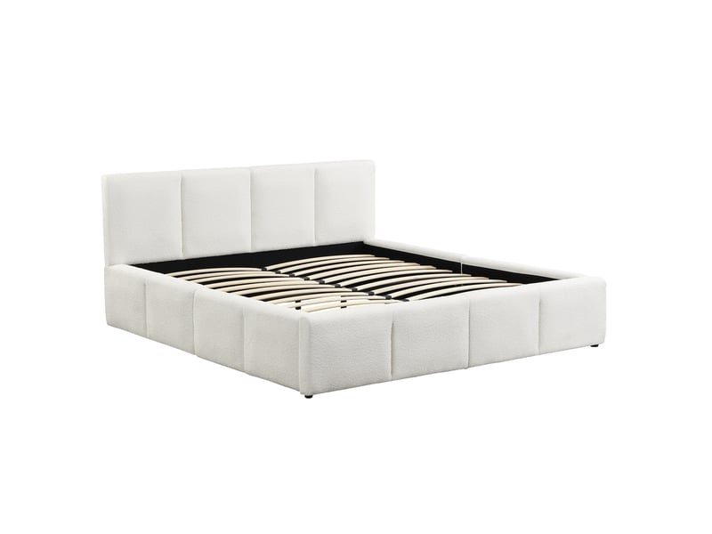  Lit double 180x200 cm - lit adulte avec tête de lit capitonnée et sommier à lattes, espace de rangement inclus, sans matelas, bouclé beige  - Conforama D