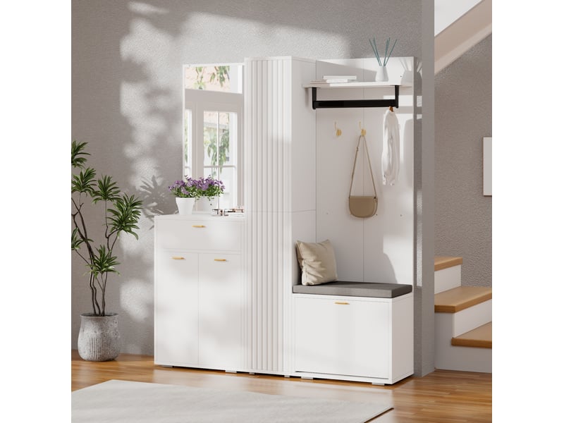  Vestiaire d’entrée 150x36x180 cm – blanc – miroir, penderie, banc et meuble à chaussures basculant  - Conforama B