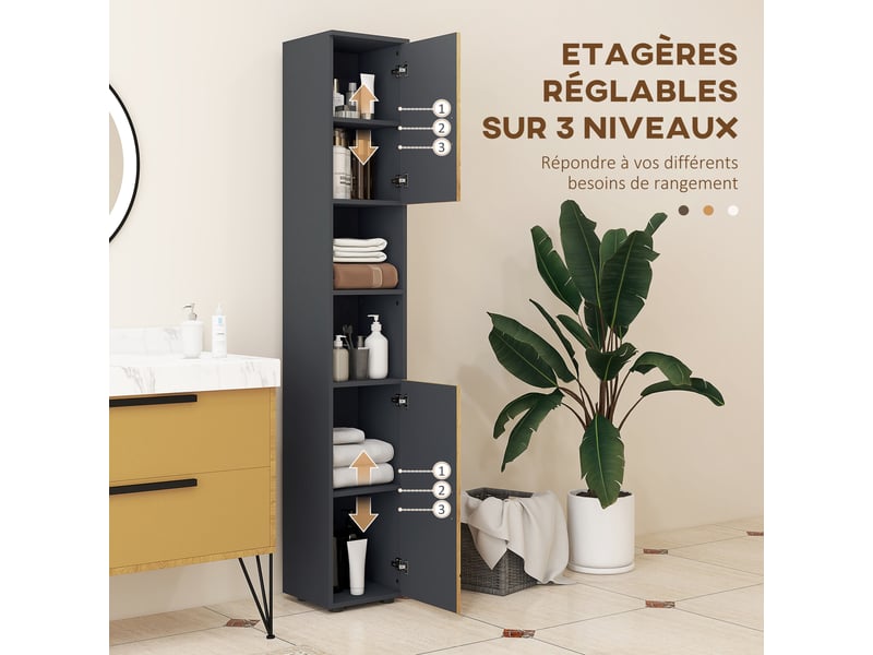  Meuble colonne armoire rangement salle de bain 2 portes étagère réglable 2 niches 30 x 30 x 183 cm gris foncé chêne  - Conforama E