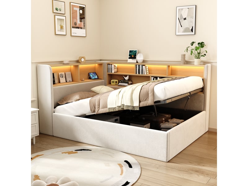  Lit banquette avec coffre 90x200 cm, rangement hydraulique, led, usb et usb-c, tête de lit avec étagères, sommier à lattes, velours, beige  - Conforama B