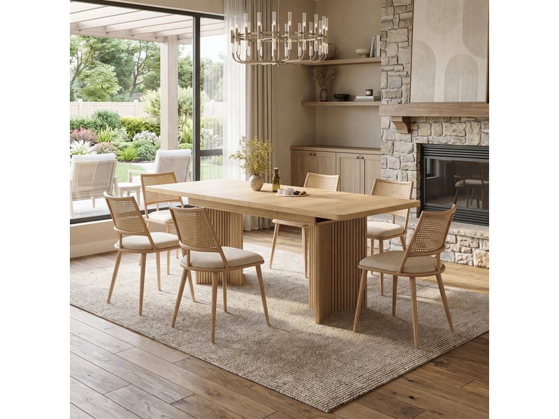  Ensemble table à manger extensible 120-160 cm + 6 chaises beiges purotin – piètement en v, rainurage vertical  - Conforama D