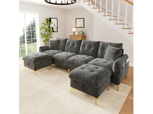 Canapé droit convertible <strong>REDOM</strong> <strong></strong> 4 places Tissu gris avec coffre de rangement