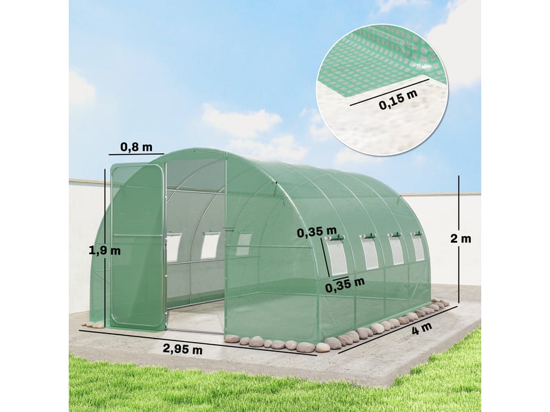  Serre tunnel de jardin 12m², serre de jardin tunnel 295x400x200cm porte et 8 fenêtres, bâche pe 140 gm² vert  - Conforama E