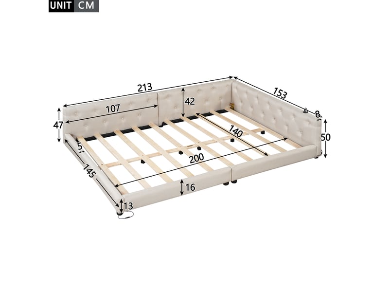  Lit de jour 140x200 cm avec éclairage led 7 couleurs, ports usb et type-c, beige sans matelas  - Conforama C