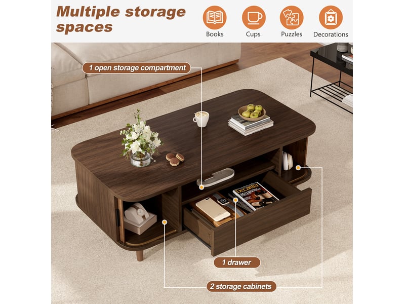  Table basse avec 1 tiroir, 2 portes à rideau et 1 niche ouverte, pieds en bois, finition noyer pour salon  - Conforama E