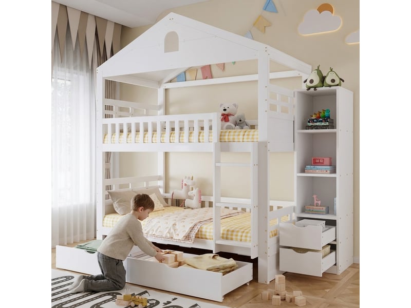  Lit enfant superposé ，90x200 cm， avec échelle tiroirs rangement ，bois ，blanc  - Conforama D