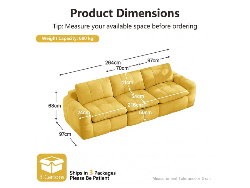  Canapé 3 places, revêtement en tissu chenille, sans assemblage, jaune  - Conforama D