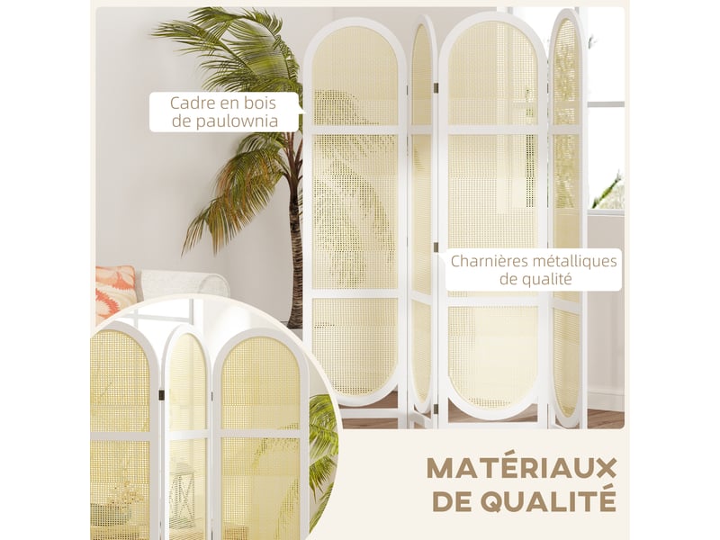  Paravent interieur en bois 4 panneaux 170 x 160 cm pliable et portable, blanc, motif tissé à la main  - Conforama R