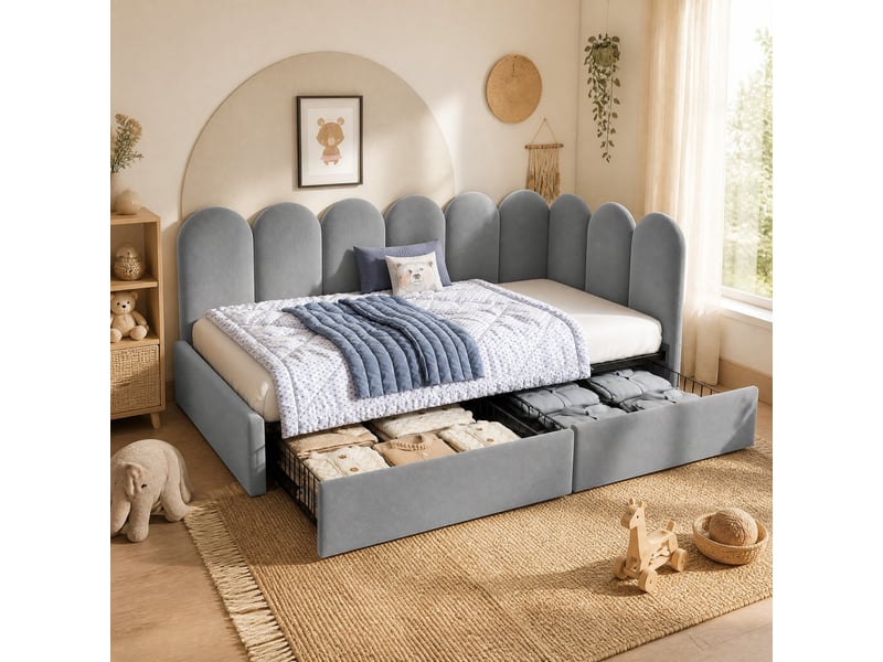  Lit simple 90x190 cm avec 2 tiroirs en velours gris  - Conforama D
