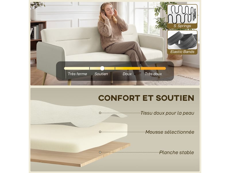 Canapé convertible 3 places 3 en 1, canapé-lit clic-clac, dossier réglable, assise rembourrée, beige, 185 x 84 x 83 cm - Conforama R