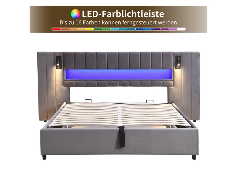  Lit double 180×200 cm usb, usb-c, led réglable et lampe de lecture  - sans matelas, velours gris  - Conforama E