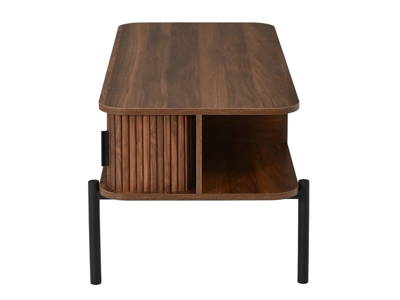 Table basse moderne 100 × 45 × 43 cm avec rangement, portes coulissantes et pieds métal noirs - Conforama E