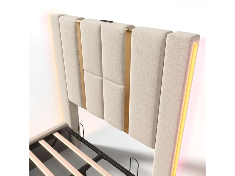 Lit coffre 90x200 avec matelas et led rgb contrôle par app - lit rembourré - tissu en lin beige, port usb type-c, sommier à lattes - Conforama D
