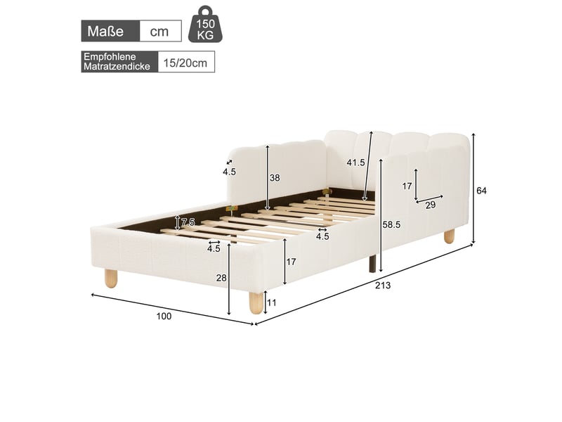  Lit banquette enfant 90 × 200 cm, accoudoirs modulables, poches latérales, capitonné, pieds en bois massif, bouclé beige  - Conforama C