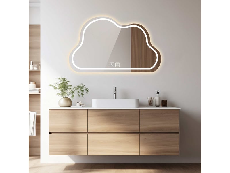 Miroir led 70 x 50 cm blanc en verre sans cuivre forme nuage éclairage réglable tactile anti buée pour salle de bain - Conforama E