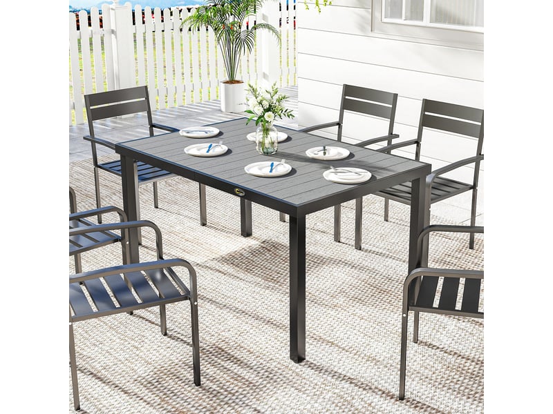  Table de jardin, table à manger extérieure acier, bois-plastique gris 140x90x74cm  - Conforama D
