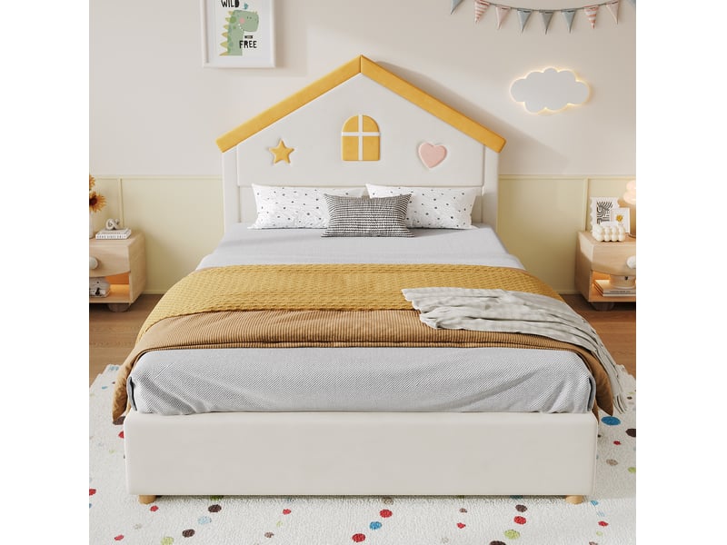  Lit enfant 140x200 cm, velours beige, équipé de 4 tiroirs de rangement, de tête de lit et de tête de lit en forme de maison, sans matelas  - Conforama D