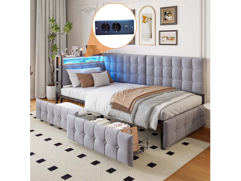  Lit enfant 90 x 200 cm, 2 tiroirs, tête led multicolore, prises usbtype-c, châssis métal, velours gris clair, sans matelas  - Conforama W