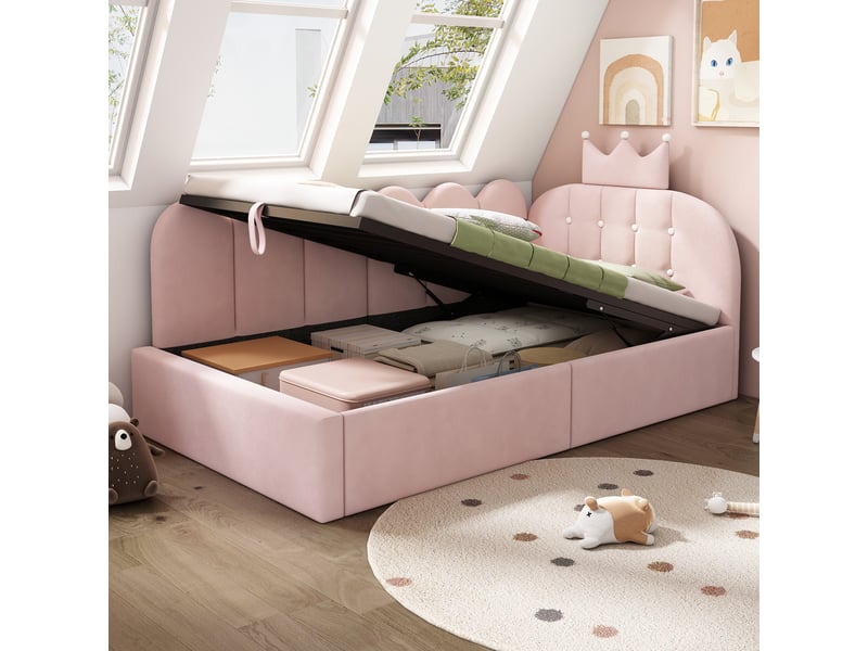 Canapé-lit 90x190 cm type daybed avec rangement hydraulique, lit d’appoint en l, design couronne à barreaux, sans matelas, velours, rose Sol Morn - Conforama E