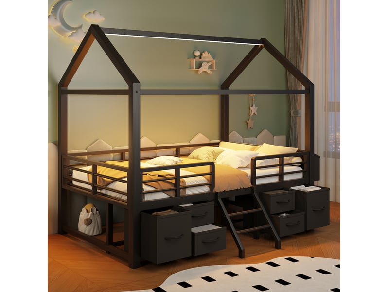  Lit mezzanine 90x200 cm avec tiroirs en tissu et éclairage led en métal noir  - Conforama C