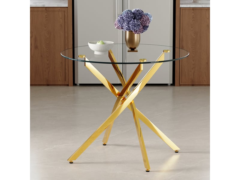  Table à manger ronde 2 à 4 personnes, plateau en verre trempé - lpospi - piètement croisé stable, ø 88 × h 75 cm, verre et métal or transparent  - Conforama C