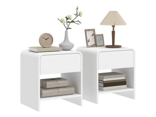 Ensemble de 2 tables de chevet nordiques aux angles arrondis, avec tiroir et étagère ouverte, 40 x 35 x 45 cm, blanches