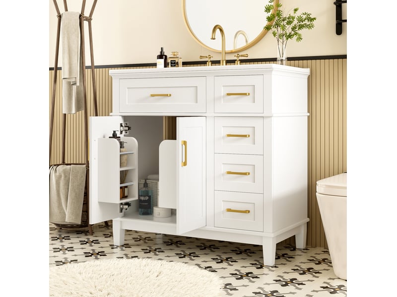  Meuble vasque sur pied 90 x 46 x 87 cm, lavabo en céramique, blanc et doré  - Conforama D