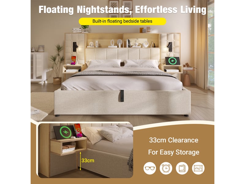 Lit coffre 180x200 cm - rangement hydraulique, tête de lit avec liseuses led, usb et type-c, chevets intégrés, tissu lin beige - Conforama E