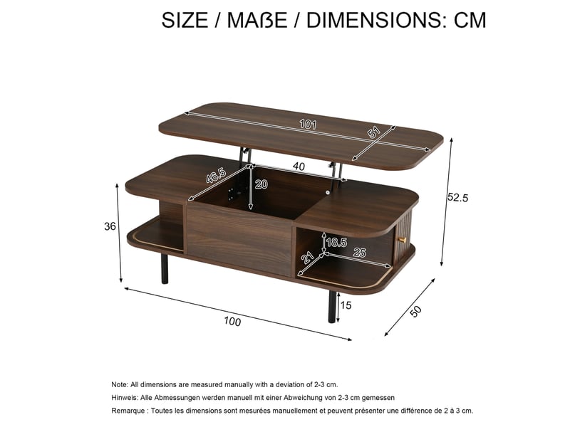 Table basse relevable 101x51x52,5 cm en mdf coloris noyer avec rangement - Conforama C