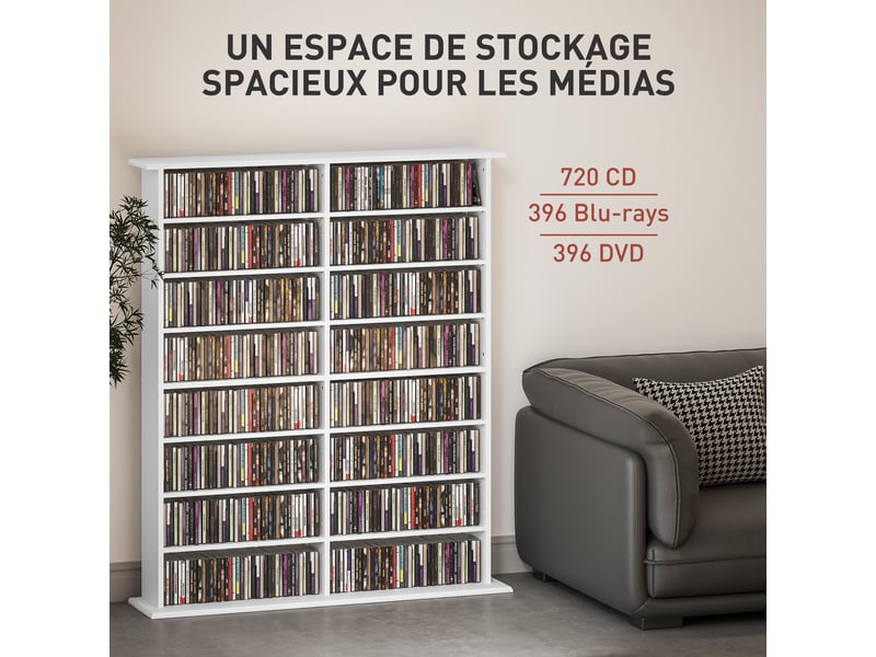  Rangements pour cd et dvd avec 16 compartiments et 12 étagères réglables, capacité max. 720 cd396 dvd et blu-ray, blanc  - Conforama E