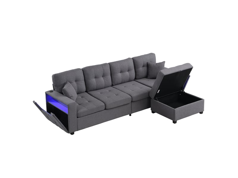  Canapé d'angle modulaire en lin, pouf rangement libre, 2 rangements aux accoudoirs, usb &amp; type-c, led, 253 cm  - Conforama A