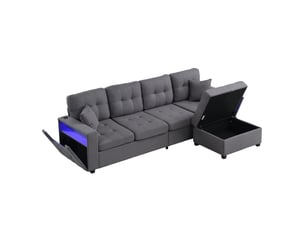 Canapé d'angle modulaire en lin, pouf rangement libre, 2 rangements aux accoudoirs, usb & type-c, led, 253 cm