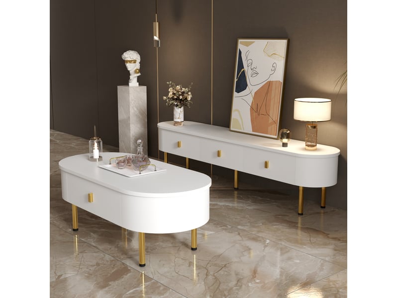  Ensemble meuble tv et table basse 174x35x41 cm et 108x50x40 cm, tiroirs, angles arrondis, mdf blanc et doré  - Conforama E