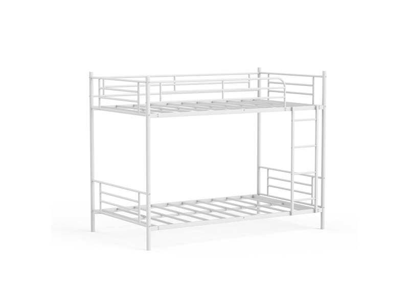 Lit superposé 90x190 cm blanc, avec échelle métal, garde-corps haut et structure fer sécurisée - Conforama E
