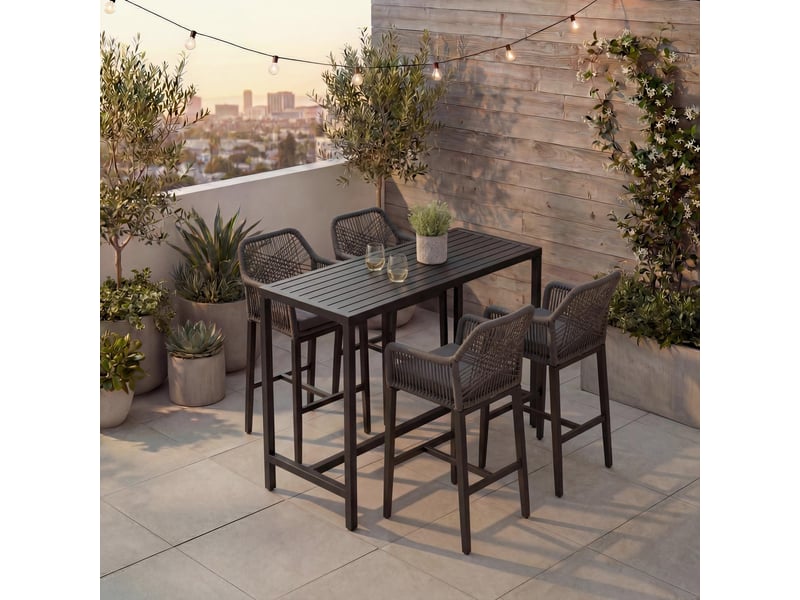 Ensemble table de bar + 4 tabourets de bar hwc-p91, chaise de bar, table haute, coussin d'assise d'extérieur, tressage en corde, métal ~ anthracite  - Conforama B