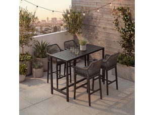 Ensemble table de bar + 4 tabourets de bar hwc-p91, chaise de bar, table haute, coussin d'assise d'extérieur, tressage en corde, métal - anthracite
