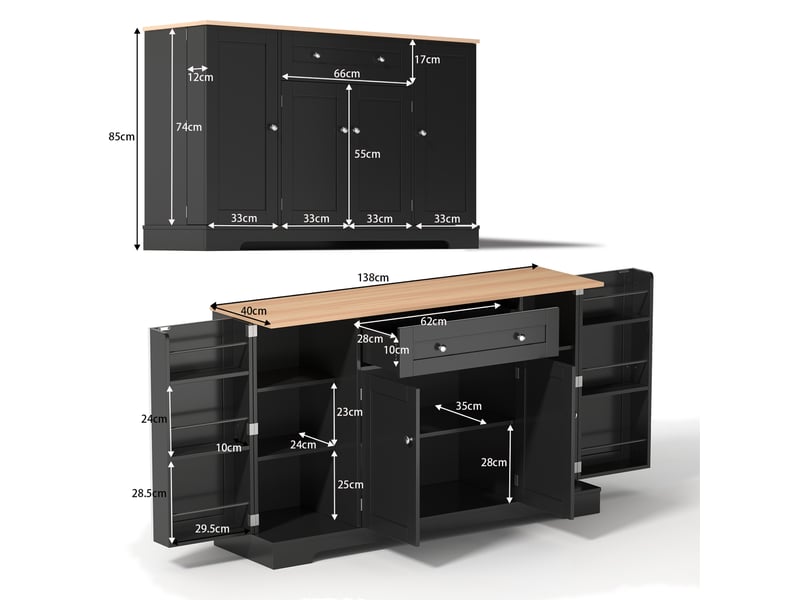  Buffet avec 4 portes, tiroir et étagères réglables avec rangement pour cuisine en mdf noir  - Conforama E