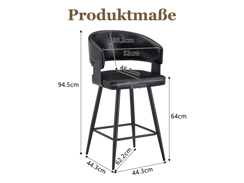  Chaise de salle à manger rembourrée avec dossier ergonomique et accoudoirs, structure métallique, en pu noir  - Conforama D