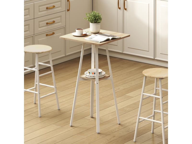  Table de bar carrée pour 2 personnes, table haute cuisine mange-debout avec étagère, 55 x 55 x 95 cm, naturel et blanc  - Conforama C