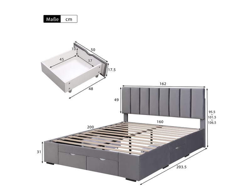  Modenvie lit capitonné 160x200 cm - 4 tiroirs, tête de lit réglable, sommier inclus - gris  - Conforama C