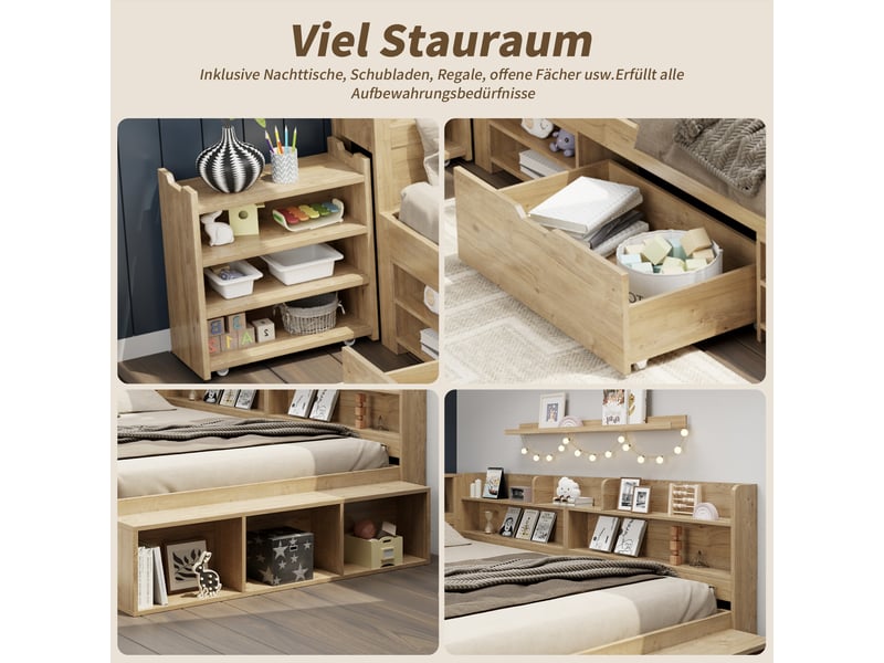  Lit enfant 200×140 cm avec tiroir, placards et étagères, sommier à lattes inclus, sans matelas, en contreplaqué naturel  - Conforama E