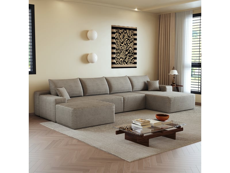  Canapé d’angle modulaire avec méridienne profonde - lpospi - mousse haute élasticité, velours côtelé - camel  - Conforama B
