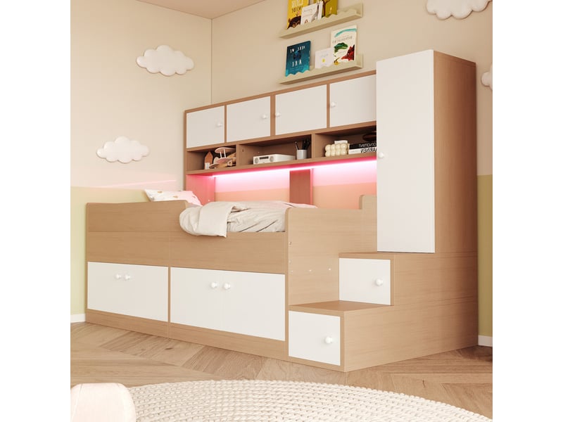 Lit enfant 90x200cm - avec espace de rangement - avec étagères - avec armoire - avec éclairage led - naturel (matelas non inclus)  - Conforama E