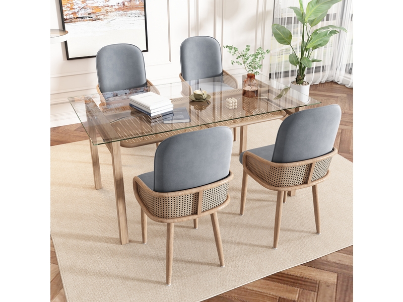  Lot de 4 chaises de salle à manger avec dossier effet rotin et pieds en métal décor bois, en velours gris  - Conforama B