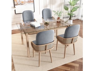 Lot de 4 chaises de salle à manger avec dossier effet rotin et pieds en métal décor bois, en velours gris