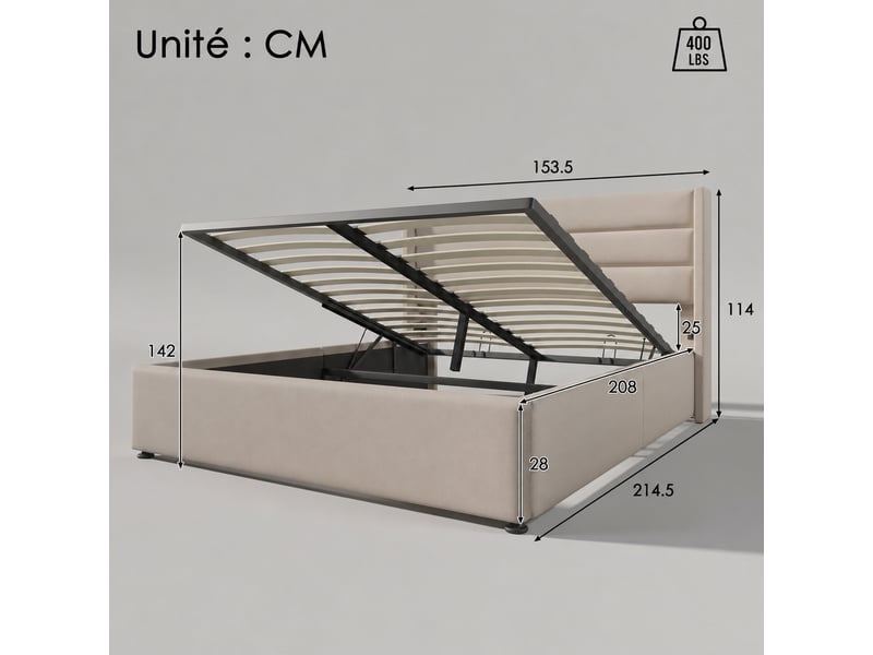 Lit coffre 140x200 avec matelas, sommier relevable et revêtement en lin beige - Conforama C