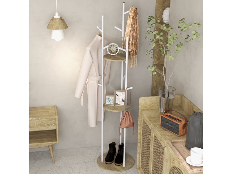  Porte-manteaux sur pied acier 9 crochets 2 étagères rondes ø40x167 cm naturel blanc pour entrée  - Conforama D