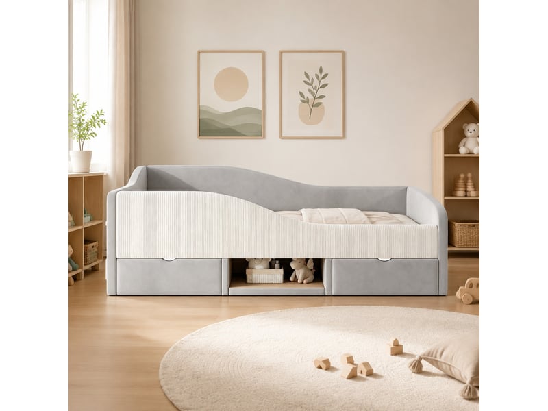 Lit enfant 90 × 190 cm avec 2 tiroirs et barrières de protection, rangement ouvert en velours gris pour chambre - Conforama B