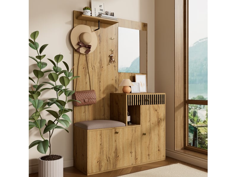  Meuble d'entrée avec miroir, assise rembourrée, tiroirs, étagères et crochets, mdf noir et naturel, 110 × 37 × 185,5 cm  - Conforama C