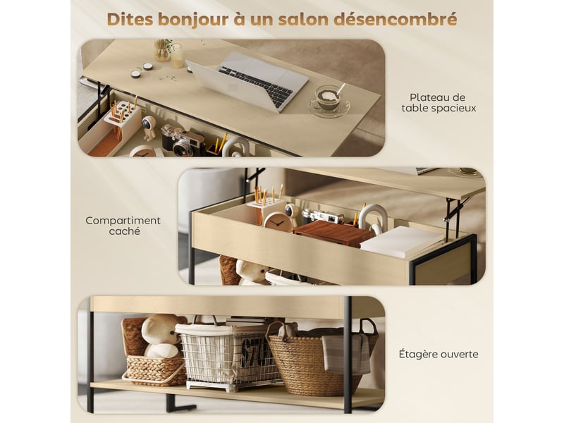  Table basse avec plateau relevable, table de salon avec compartiment caché et étagère ouverte, bois naturel, 95x40x59cm  - Conforama R